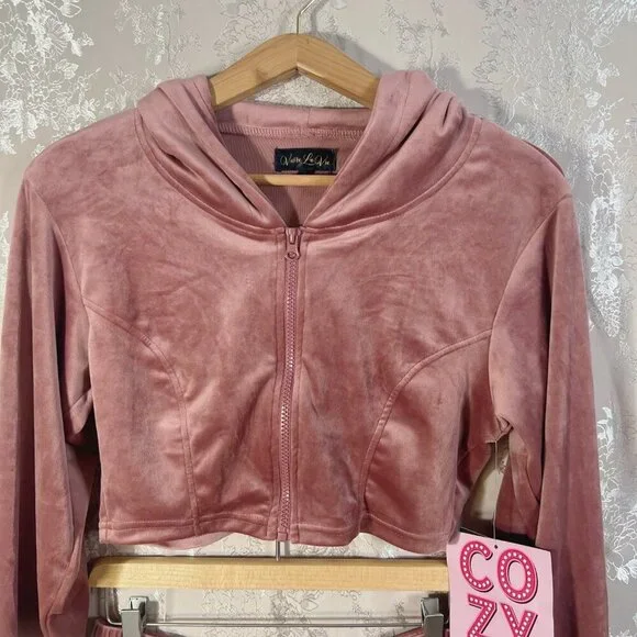 NWT Vivre La Vie Velour Tracksuit Sweatshirt Sweatpants Blush Dusty Rose Size L - Picture 2 of 9